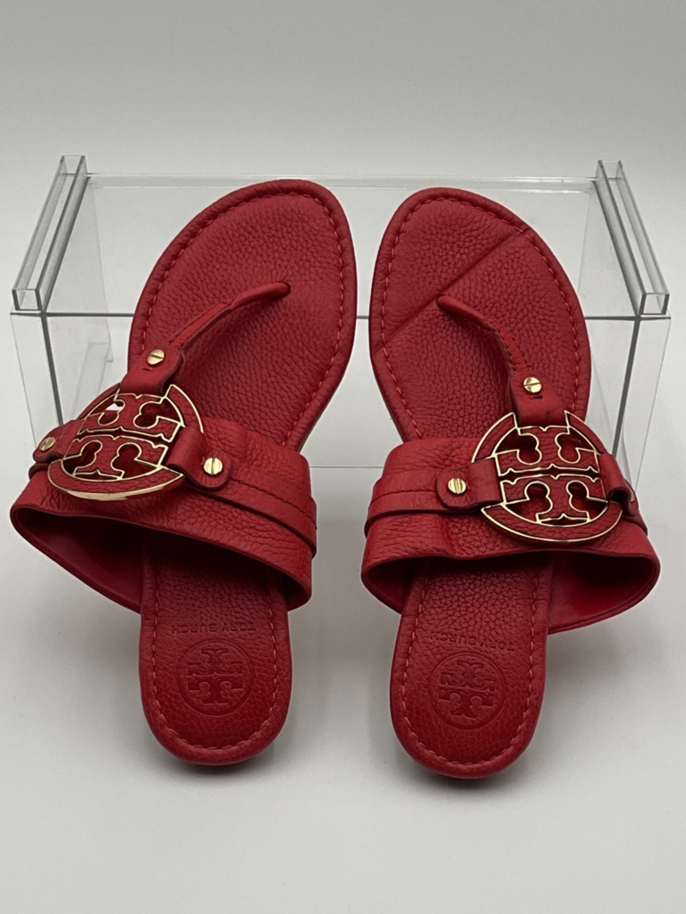 Tory Burch orange Red Leather Miller Sandals with Gold Medallion 8 1/2 W - Picture 2 of 9